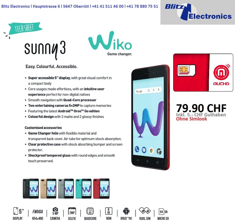 Wiko Sunny 3 dual-SIM mit Mucho Mobile PrePay inkl. 5.- CHF